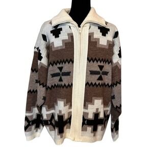 Towncraft Men's Full Zip Brown and Cream Fair Isle Cardigan Sweater Size XL